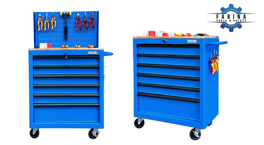 Hai lựa chọn linh hoạt cho xưởng hiện đại: Tủ dụng cụ 6 hộc kéo màu xanh dương Fabina có và không vách lưới